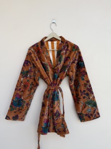 Floral <b>Velvet</b> Kimono Jacket For <b>Women</b> Long Sleeve Open Front Brown <b>Coat</b> - Product Image 3