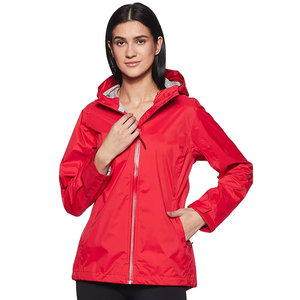 Veste imperméable à capuche pour femme, manches longues, en polyester, style utilitaire, coupe classique, couleur unie rouge - Product Image 1
