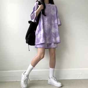 Tie Dyed Print Women <b>Short</b> Sleeve O neck T shirt Elastic Waist Pockets <b>Shorts</b> <b>Lady</b> Summer Loose Women T Shirt - Product Image 3