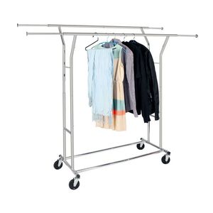Appendiabiti Moderno in Acciaio Argentato a Doppia Barra Portatile per Interni, Balcone, Soggiorno, Negozio di Abbigliamento, con Grucce in Plastica - Product Image 1