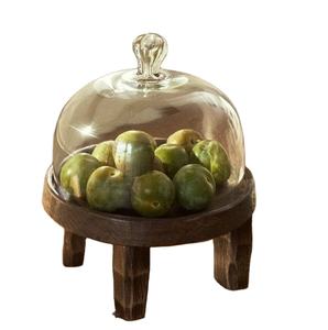 Small clear <b>glass</b> <b>dome</b> with wooden bowl base rustic dessert display for fruits snacks kitchen table new style stand base feeted - Product Image 1