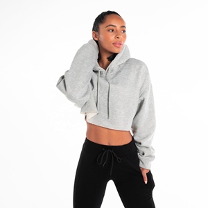 Sweat-shirt à capuche décontracté pour femme, coupe oversize, manches longues, tricoté, broderie 3D unie, mélange polyester/coton, gris, coupe courte - Product Image 3