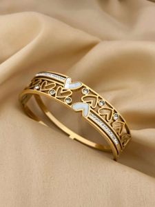 Gold Plated Stainless Steel Open Cuff <b>Bangle</b> Heart Cutout Bezel Set Cubic Zircon Women's Geometric Bracelet Gift - Product Image 3