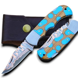 NEW FRIENDS INDUSTRIES Professional Copper Damascus Steel Hand Forged Back <b>Lock</b> Pocket Folding Utility Knife W/Red Micarta - Product Image 5