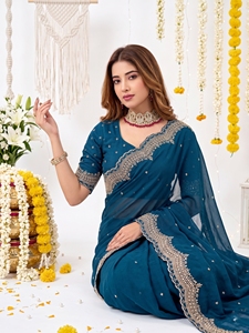 Sari en soie turquoise avec bordure brodée de motifs étoiles pour les occasions de mariage et de Diwali, sari traditionnel pour femmes, longueur au sol, protection solaire - Product Image 6