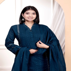 Elegante Conjunto de Kurta de Algodón Azul Turquesa para Mujer con Bordado Schiffli y Dupatta Ligero para Bodas y Diwali, Ropa Étnica - Product Image 5