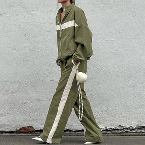 <b>Women's</b> <b>White</b> Olive Colorblock Hooded <b>Tracksuit</b> Full Sleeve Zipper Loose Fit Casual Spring Wear With Side Pockets - Product Image 4