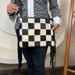 Popular diseño único a cuadros cuero de vaca gran capacidad bolso con flecos Vintage bolso cruzado de cuero genuino para mujer - Product Image 4