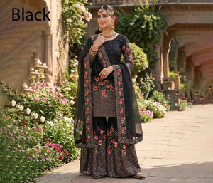 Traje Sharara de Seda Bordado a Mano con Diseño Floral, para Mujer, Ideal para Fiestas, Bodas, Diwali, Estilo Tradicional Indio, Corte Ajustado, Midi - Product Image 1