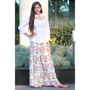 Haut blanc en tissu tissé respirant à imprimé floral, col montant, coupe ample, style palazzo, pour occasions quotidiennes, taille XS - Product Image 5