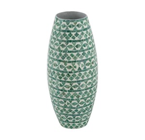 Vase de table artisanal en nacre avec motif géométrique vert en mosaïque, style méditerranéen, finition brillante, forme ronde pour arrangements floraux - Product Image 2