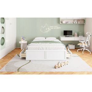 Lit plateforme blanc Queen Size avec 6 tiroirs, cadre en bois et revêtement en tissu - Product Image 4