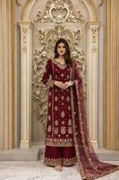 Ensemble Kameez en Faux Georgette Lourd Brodé de Paillettes avec Pantalon Salwar Doublé et Dupatta en Filet Moti pour Femme QO 1034