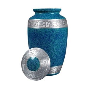 Handmade Metal Cremation Urn With Silver Floral Band Traditional Design <b>Memorial</b> Ashes Keepsake <b>Vase</b> Tabletop Display Adult Urns - Product Image 1