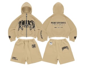 Survêtements personnalisés pour hommes, style streetwear, 100% coton, ensemble 2 pièces : short et sweat à capuche court, effet délavé à l'acide, ensembles sportifs cadeaux - Product Image 6