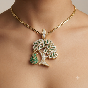 Collar de Plata Sólida 925 con Colgante de Diamante Cultivado en Laboratorio, Diseño de Bolsa de Dinero de la Suerte con Símbolo de Dólar y Árbol, Amuleto Personalizado de la Riqueza - Product Image 2