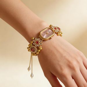 Handmade High Quality Traditional Indian Ethnic Ladies <b>Pearl</b> Gold Tone Wristwatch for Diwali - Product Image 1