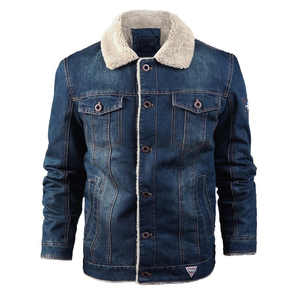 Veste en jean pour homme, col rabattu, simple boutonnage, doublure en fausse fourrure, couleur unie délavée, style décontracté automne - Product Image 1