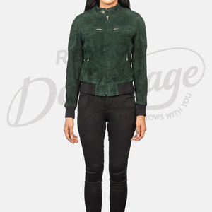 <b>Women</b> Dark Green Genuine <b>Suede</b> Leather Bomber <b>Jacket</b> Slim Fit Premium Goat <b>Suede</b> Casual Winter Outerwear Fashionable Coat - Product Image 3