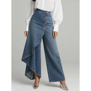 กางเกงเดนิมทรงปาลาซโซ่เอวสูงติดกระดุมแบบไม่สมมาตรสำหรับผู้หญิง - Product Image 2