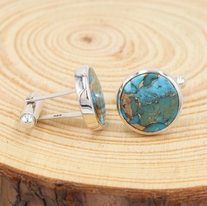 Boutons de manchette en argent sterling 925 avec pierre précieuse turquoise bleue pour hommes, cadeau de Noël pour les garçons d'honneur, 10g - Product Image 2