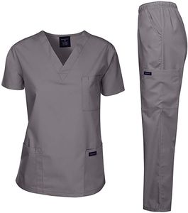 Ensemble de blouses médicales DARKECI pour femmes, haut gris à col en V avec poches et pantalon cargo, uniformes d'hôpital - Product Image 1