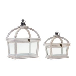 Ensemble de lanternes en bois blanc vieilli style Cottage côtier, avec couvercle en dôme, porte-bougie type coffre au trésor, pièce maîtresse - Product Image 1