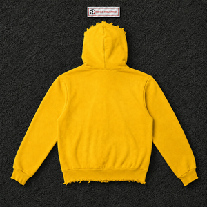 <b>Yellow</b> Oversized Zip Up <b>Hoodie</b> With Red Star Print Distressed Edge Streetwear Unisex Loose Fit Full Zipper Hooded Sweatshirt Fit - Product Image 6