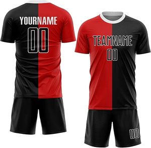 Ensemble de maillots de football personnalisés rouge et noir sublimés pour hommes adultes, uniforme de football à manches courtes respirant, col rond - Product Image 1
