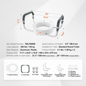 Sedile WC rialzato da 3,5 pollici con corrimano in alluminio e braccioli in EVA, capacità di carico 300 libbre, attrezzatura di sicurezza per il bagno per WC standard - Product Image 4