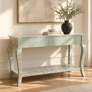 Mesa consola de lujo hecha a mano para recibidor, mueble tradicional de la Rajastán con incrustaciones de hueso, diseño de mesa consola con incrustaciones de nácar. - Product Image 2