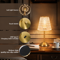 Lampe de table moderne sans fil en cristal, rechargeable, LED, base en fer doré, USB-C, 3000K 4500K 6000K, pour restaurant, hôtel, chambre à coucher