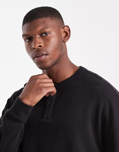 <b>Men's</b> Black <b>Long</b> <b>Sleeve</b> <b>Henley</b> Knit Pullover Regular Fit Casual Button Up Collar 100% Cotton Breathable Autumn Wear - Product Image 4