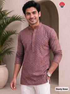Men's Rayon <b>Chikankari</b> Embroidered Short Kurta | Full Sleeve Indian Ethnic Wear with Pockets - Product Image 2