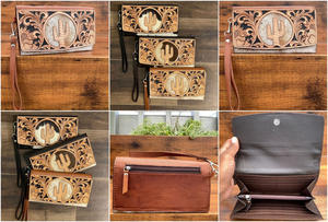 Promotion Gift New Design Hand Tooled Leather Clutch Fashion Women Purse Genuine Hair-on hide Leather Long Wallet With Wristlet - Product Image 3