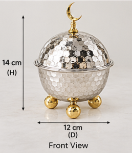 Élégante sucrière en métal martelé argenté avec finition lune croissante dorée et pieds décoratifs pour la table de réception de l'hôtellerie arabe - Product Image 4