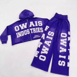 Owais Industries Solid <b>Purple</b> Hooded Tracksuit Set Full Sleeve Zipper Front Flock Print Letter Design Unisex Casual Wear 100% - Product Image 1