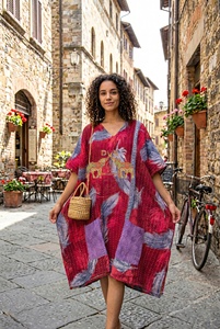 Leaf Print Vintage Cotton Kaftan Dress Vintage Knee-Length Indian Beach Cover-Up V-neck Dresses - Product Image 4