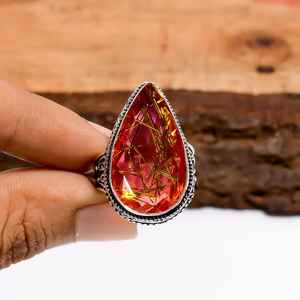 Bague en tourmaline rose et quartz rutile, forme poire, argent sterling 925, bijou artisanal, cadeau pour femme - Product Image 3