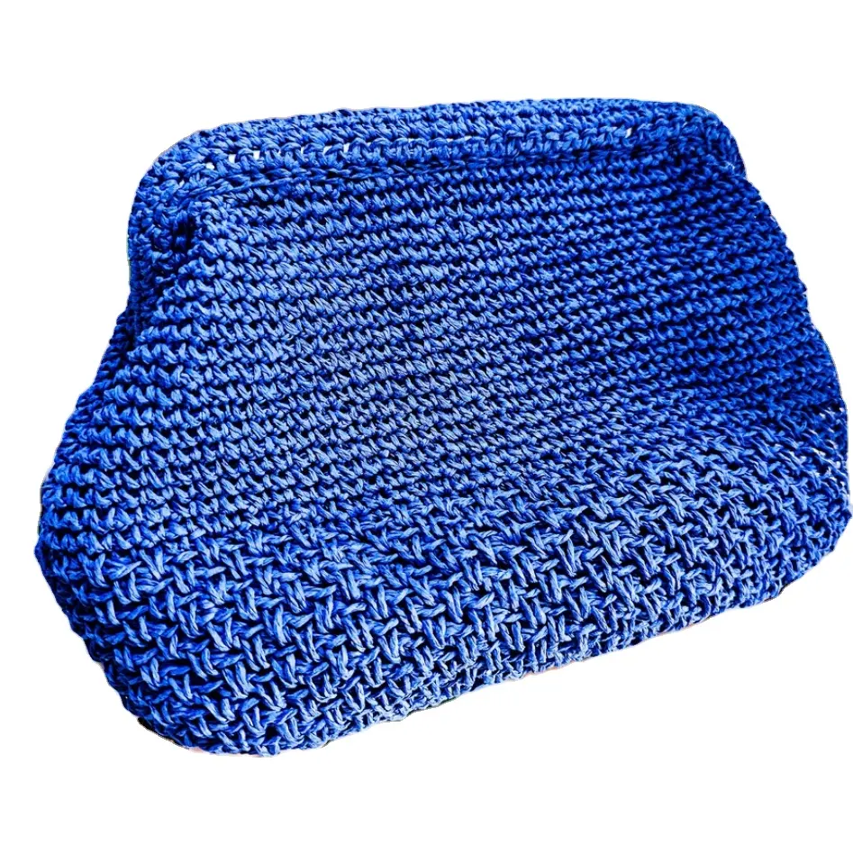 かぎ針編みラフィア財布、ブルークラッチハンドバッグ、手作りストローラフィアイブニングポーチバッグ、ブルー財布手織りバッグストローバッグ