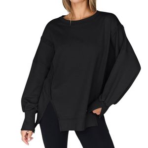 Custom Jet <b>Black</b> Side Vent Longline Oversized Crewneck Pullover Plain Heavy Cotton <b>Fleece</b> Dark Streetwear <b>Women</b> Sweatshirts - Product Image 1
