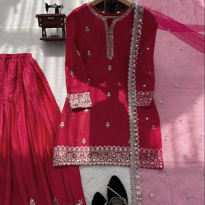 Pure Chinon silk Fabric <b>Top</b>,sharara With Dupatta Set Ready To Wear - Product Image 1