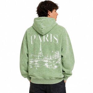 Sudadera con Capucha Estampada Paris, Unisex, Oversize, de Algodón Lavado, Felpa Francesa, Verde Otoño, Informal, con Bolsillo Delantero - Product Image 3