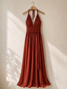 Wholesale Boho Beach Maxi <b>Dress</b> Cotton Crinkled Halter Neck Backless <b>Dress</b> For Women Summer Resort Wear Custom Apparel - Product Image 4