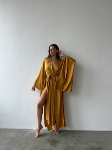Mustard Gold Satin Kimono Maxi Robe Dress Wide Sleeves Deep V-Neck Adjustable Tie Natural Waist Washable Luxury Resort <b>Beach</b> - Product Image 2