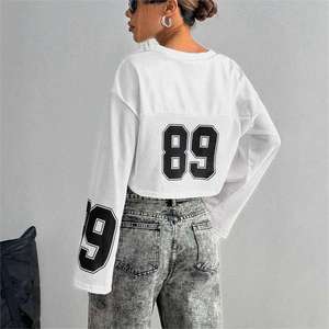 Women’s Y2K Goth Long Sleeve Mesh Crop <b>Top</b> V-Neck Graphic Jersey Plaid Breathable Streetwear Tee - Product Image 2
