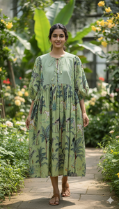 Robe courte bohème florale en coton 100% vert faite à la main pour femmes, coupe classique, robe artisanale indienne - Product Image 2
