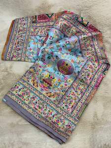 Sari de Seda Pasmeena con Tejido Zari Elaborado, Varios Colores, Sin Arrugas, para Fiestas - Product Image 2