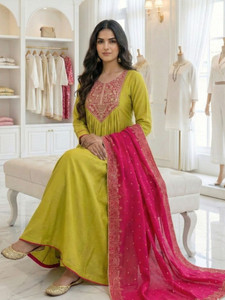 ชุดคุर्ติผ้าไหมผสมปักลายสีเขียวทรงเอไลน์สำหรับผู้หญิง พร้อมผ้าคลุมไหล่สีชมพู ชุดแบบดั้งเดิมของอินเดียและปากีสถาน ทรงปกติ ความยาวระดับเข่า แห้งเร็ว - Product Image 3