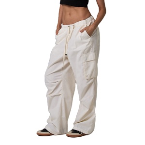 Wholesale Women's Casual Loose Fitness Trousers Multi-Pockets Straight Leg Waist Drawstring Fleece Sports Cargo Pants - Product Image 2